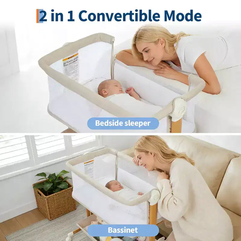 3-in-1 Baby Bassinet Bedside Sleeper w/ Anti-Reflux Incline, Portable Crib w/ 6 Adjustable Heights, Wheels, Mesh & Storage Basket for Newborn