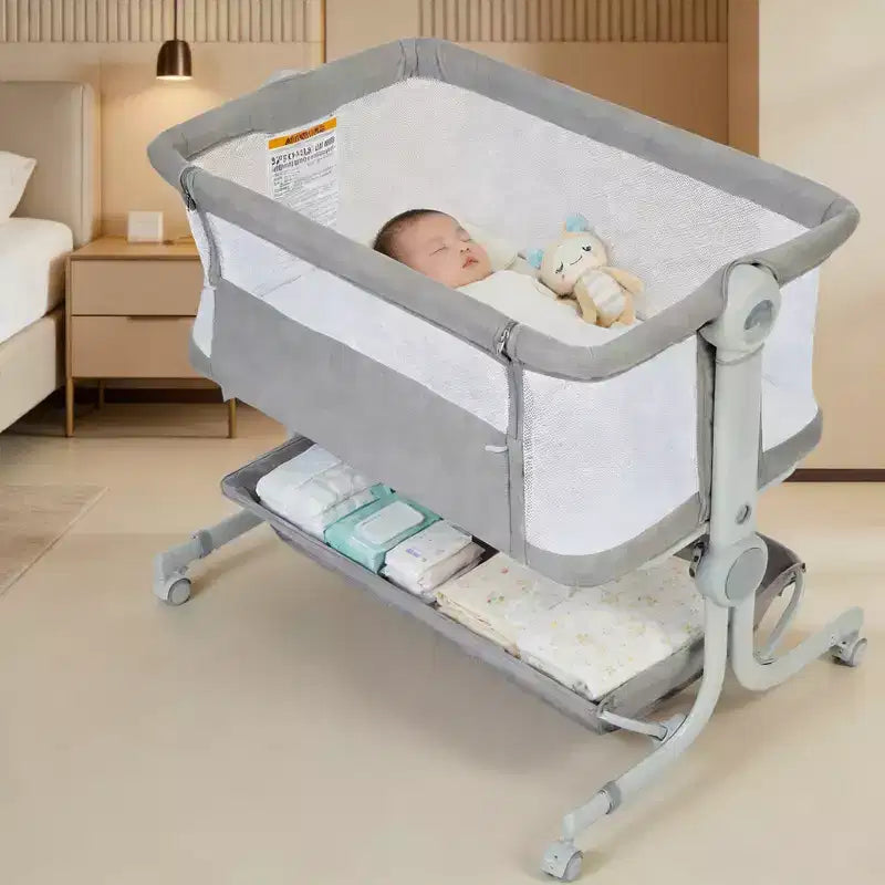 3-in-1 Baby Bassinet Bedside Sleeper w/ Anti-Reflux Incline, Portable Crib w/ 6 Adjustable Heights, Wheels, Mesh & Storage Basket for Newborn