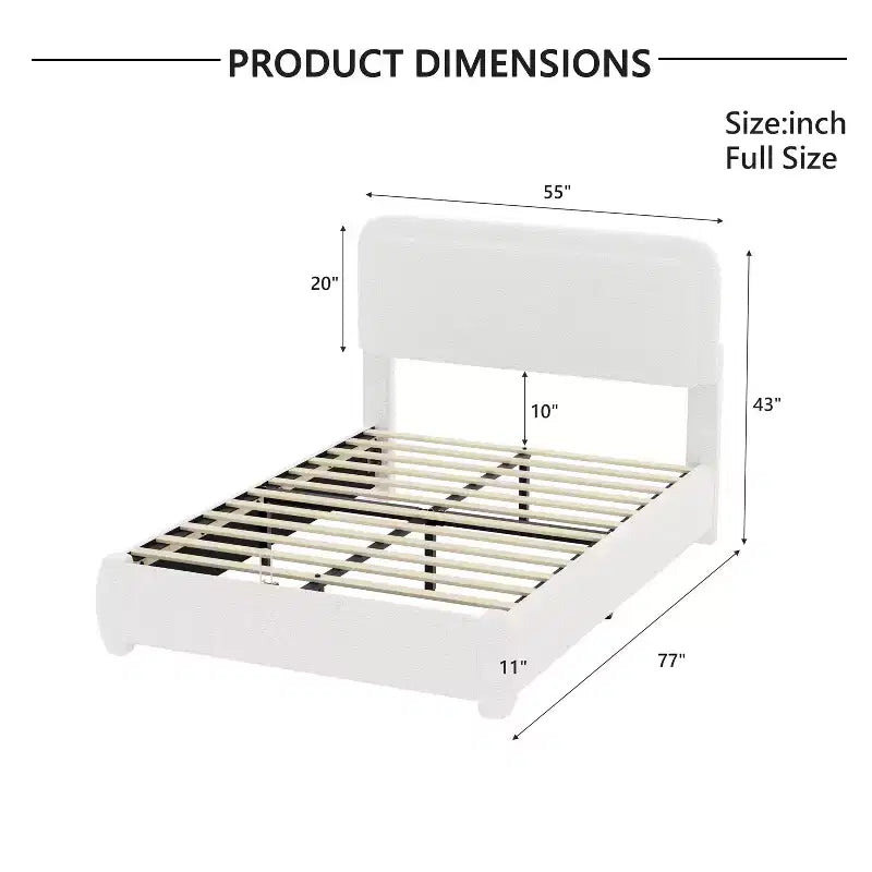 Full/Queen Upholstered Platform Bed Frame with Adjustable Height Headboard, Boucle Low Profile Bed, White