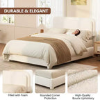 Full/Queen Upholstered Platform Bed Frame with Adjustable Height Headboard, Boucle Low Profile Bed, White