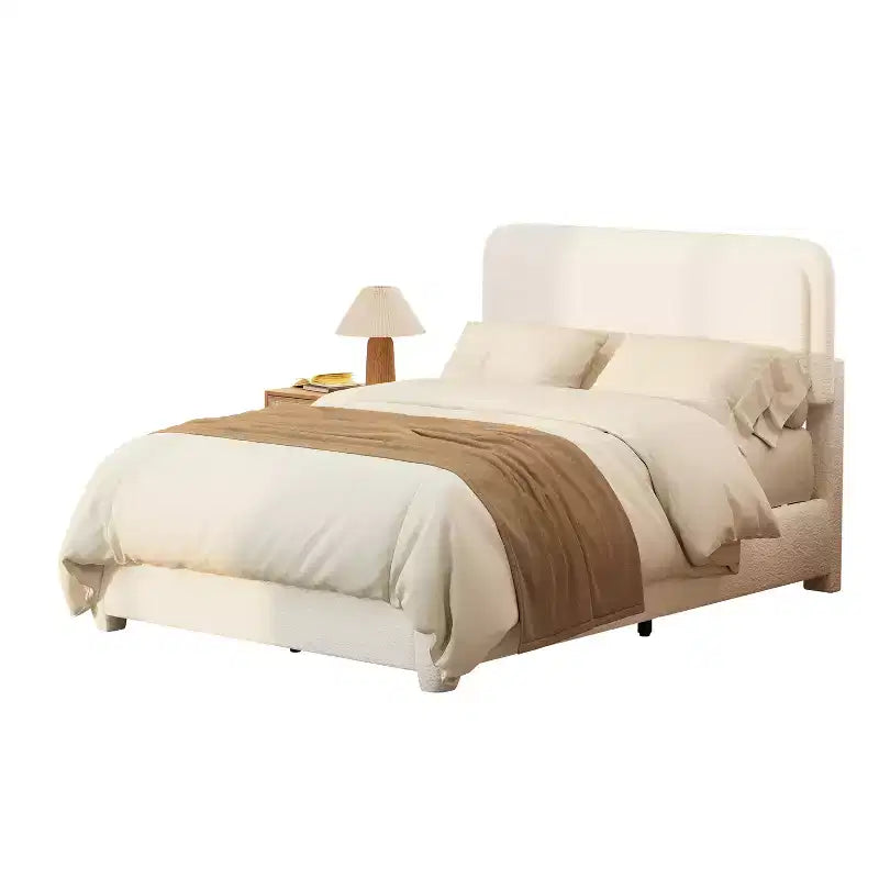 Full/Queen Upholstered Platform Bed Frame with Adjustable Height Headboard, Boucle Low Profile Bed, White