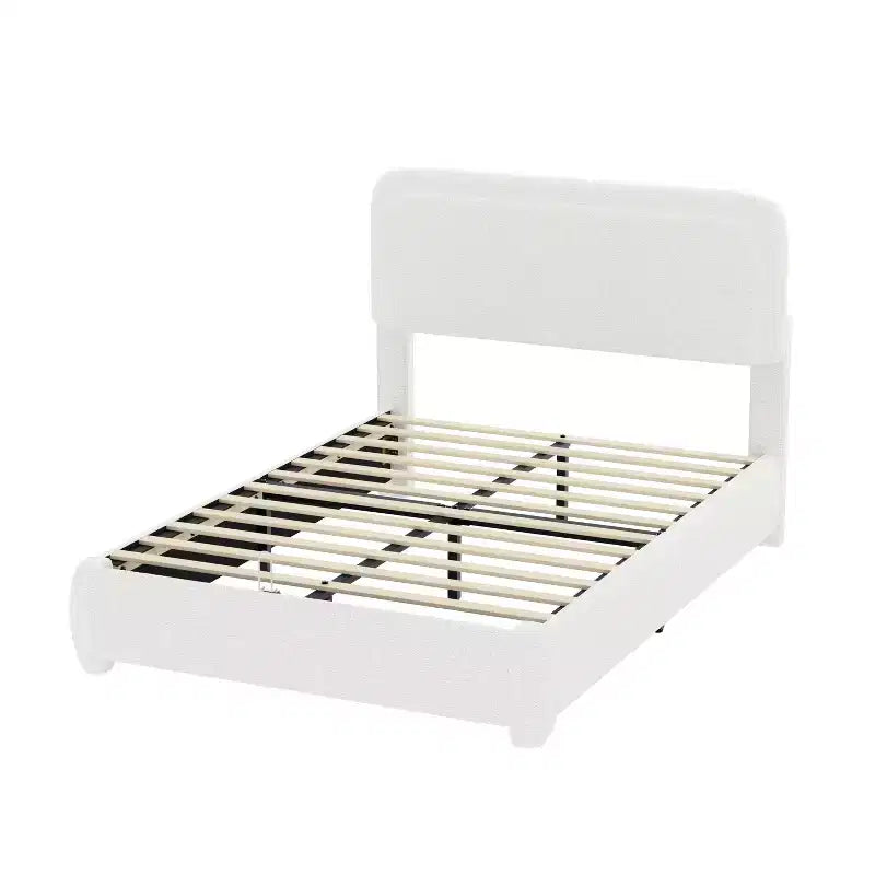 Full/Queen Upholstered Platform Bed Frame with Adjustable Height Headboard, Boucle Low Profile Bed, White