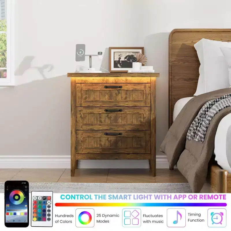 3-Drawer Dresser Nightstand w/ Charging Station & Lights, Modern Wood Chest of Drawers, Storage Organizer Cabinet for Bedroom & Closet