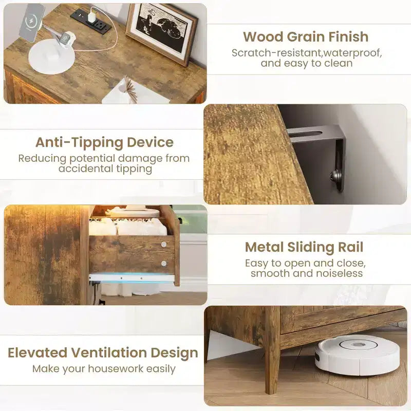 3-Drawer Dresser Nightstand w/ Charging Station & Lights, Modern Wood Chest of Drawers, Storage Organizer Cabinet for Bedroom & Closet