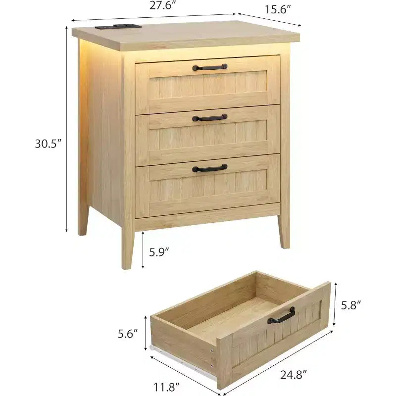 3-Drawer Dresser Nightstand w/ Charging Station & Lights, Modern Wood Chest of Drawers, Storage Organizer Cabinet for Bedroom & Closet