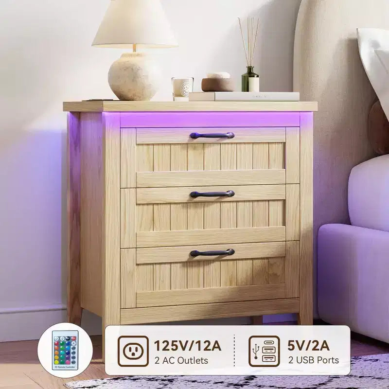 3-Drawer Dresser Nightstand w/ Charging Station & Lights, Modern Wood Chest of Drawers, Storage Organizer Cabinet for Bedroom & Closet