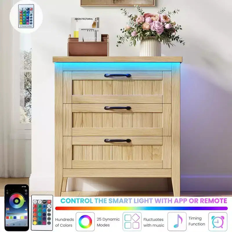 3-Drawer Dresser Nightstand w/ Charging Station & Lights, Modern Wood Chest of Drawers, Storage Organizer Cabinet for Bedroom & Closet