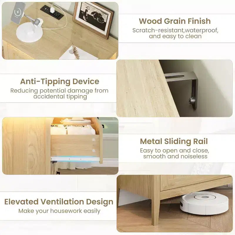 3-Drawer Dresser Nightstand w/ Charging Station & Lights, Modern Wood Chest of Drawers, Storage Organizer Cabinet for Bedroom & Closet