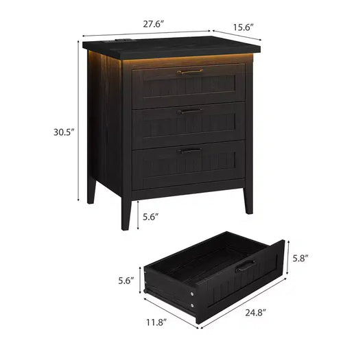 3-Drawer Dresser Nightstand w/ Charging Station & Lights, Modern Wood Chest of Drawers, Storage Organizer Cabinet for Bedroom & Closet