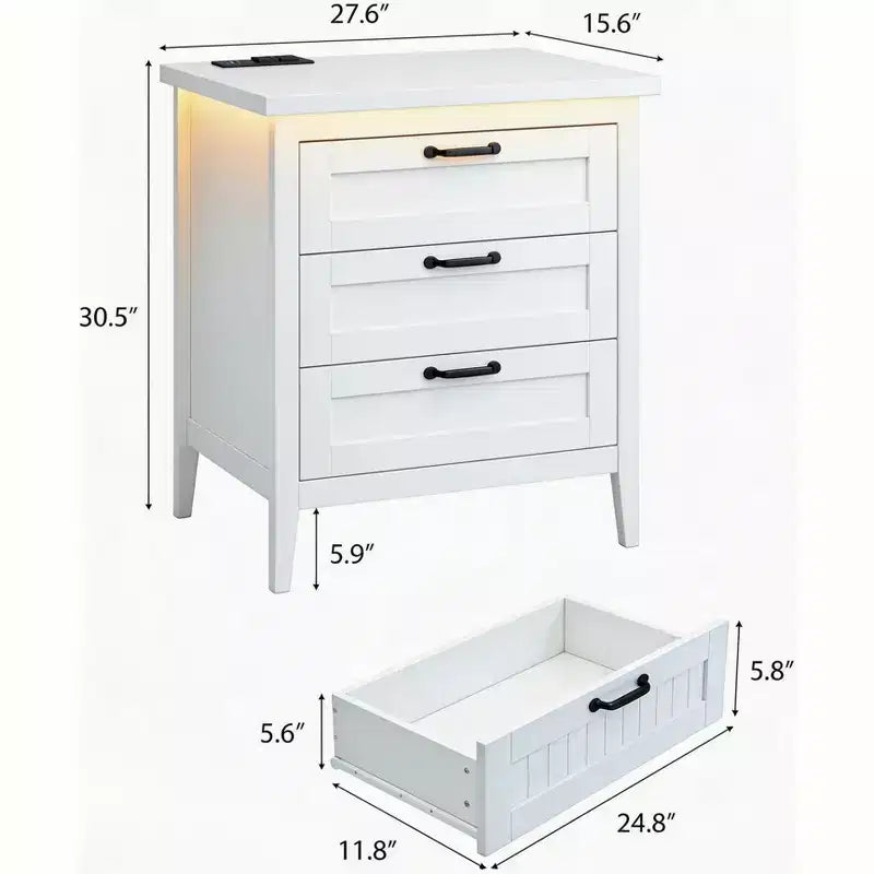 3-Drawer Dresser Nightstand w/ Charging Station & Lights, Modern Wood Chest of Drawers, Storage Organizer Cabinet for Bedroom & Closet