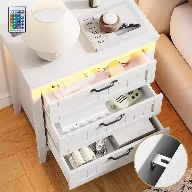 3-Drawer Dresser Nightstand w/ Charging Station & Lights, Modern Wood Chest of Drawers, Storage Organizer Cabinet for Bedroom & Closet
