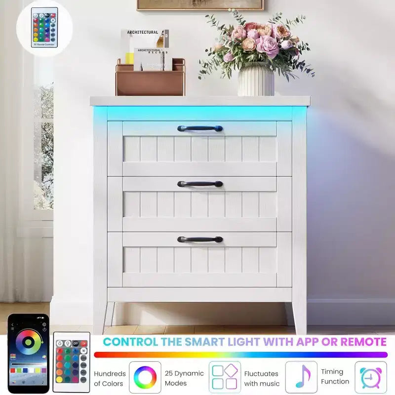 3-Drawer Dresser Nightstand w/ Charging Station & Lights, Modern Wood Chest of Drawers, Storage Organizer Cabinet for Bedroom & Closet