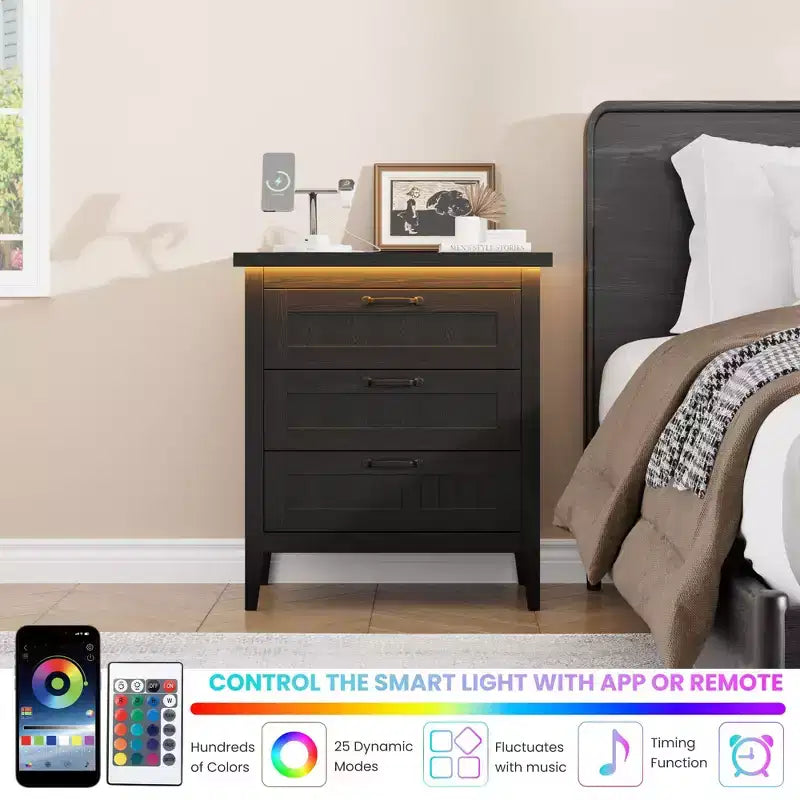 3-Drawer Dresser Nightstand w/ Charging Station & Lights, Modern Wood Chest of Drawers, Storage Organizer Cabinet for Bedroom & Closet
