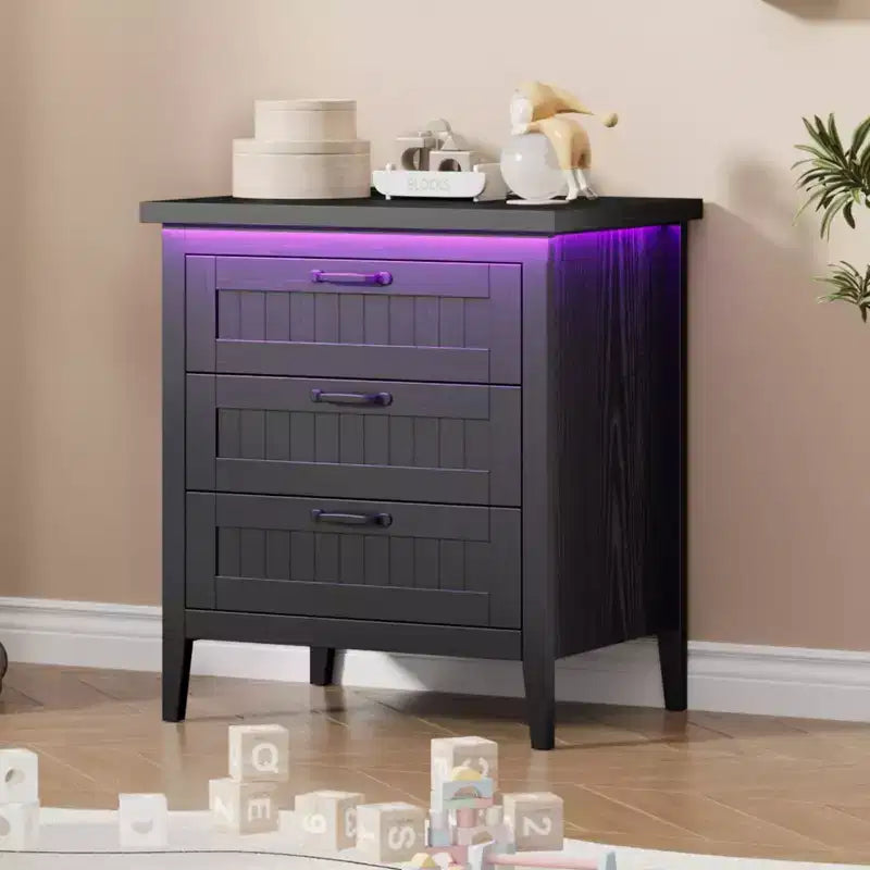 3-Drawer Dresser Nightstand w/ Charging Station & Lights, Modern Wood Chest of Drawers, Storage Organizer Cabinet for Bedroom & Closet