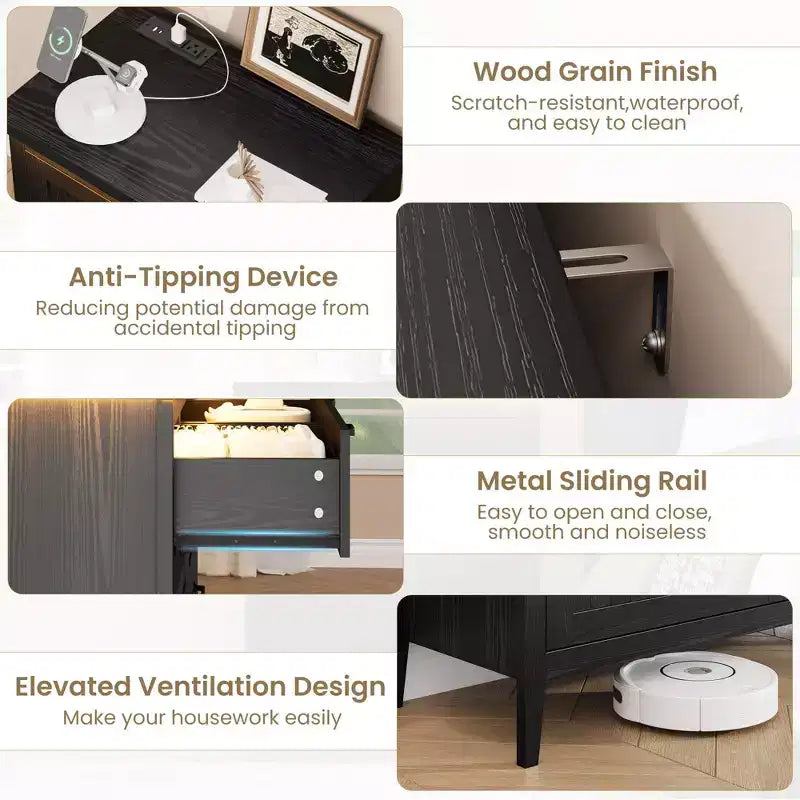3-Drawer Dresser Nightstand w/ Charging Station & Lights, Modern Wood Chest of Drawers, Storage Organizer Cabinet for Bedroom & Closet