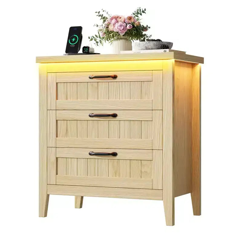 3-Drawer Dresser Nightstand w/ Charging Station & Lights, Modern Wood Chest of Drawers, Storage Organizer Cabinet for Bedroom & Closet