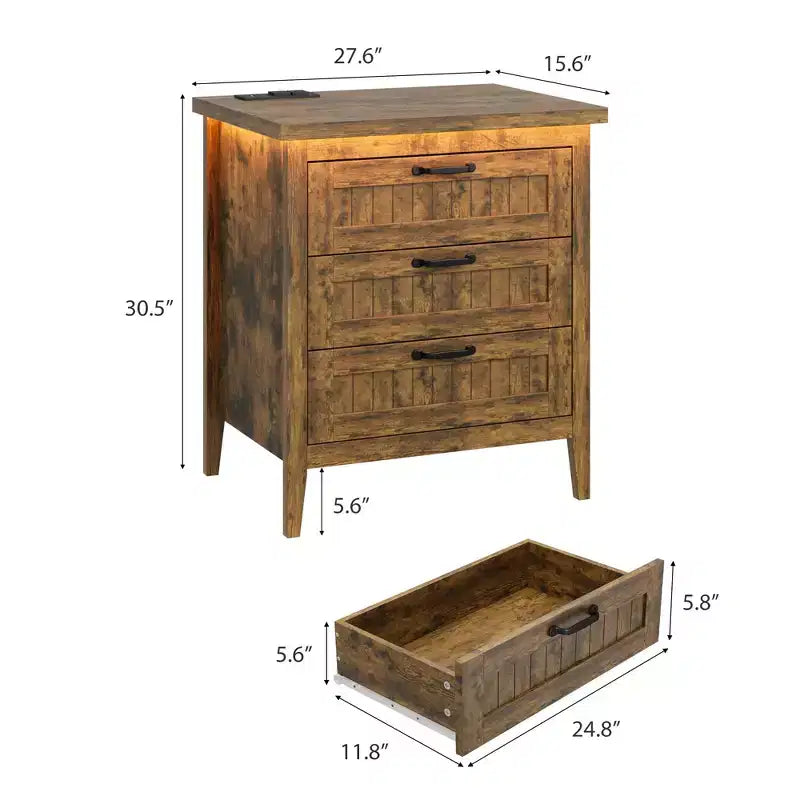 3-Drawer Dresser Nightstand w/ Charging Station & Lights, Modern Wood Chest of Drawers, Storage Organizer Cabinet for Bedroom & Closet