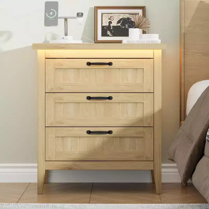 3-Drawer Dresser Nightstand w/ Charging Station & Lights, Modern Wood Chest of Drawers, Storage Organizer Cabinet for Bedroom & Closet