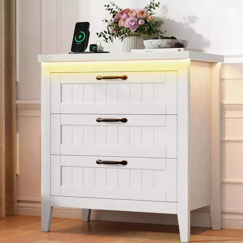 3-Drawer Dresser Nightstand w/ Charging Station & Lights, Modern Wood Chest of Drawers, Storage Organizer Cabinet for Bedroom & Closet