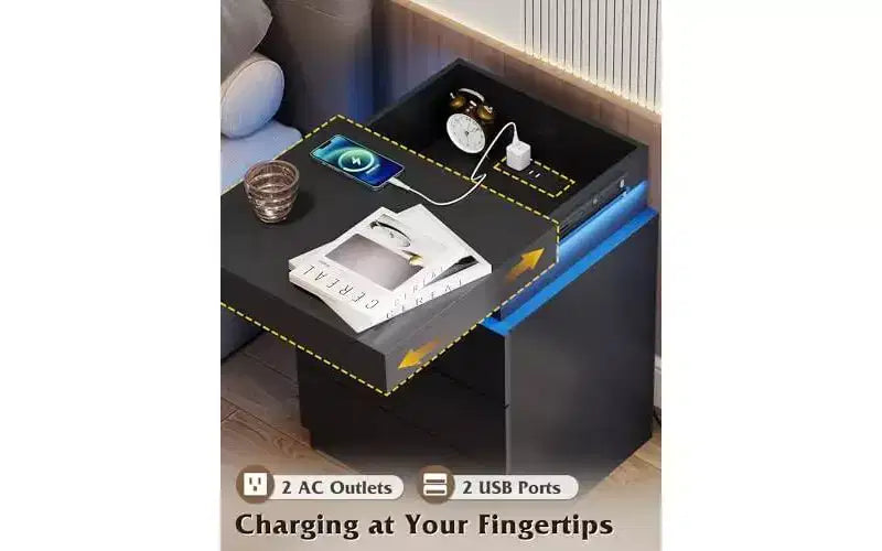Nightstand with Charging Station & LED Lights, Night Stand with 3 Drawers and Sliding Top
