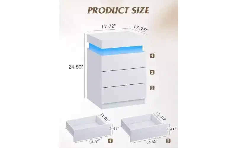 Nightstand with Charging Station & LED Lights, Night Stand with 3 Drawers and Sliding Top