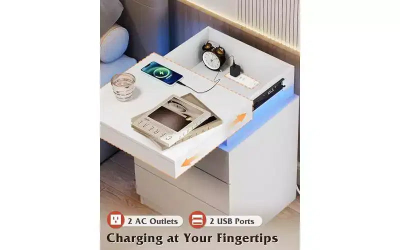 Nightstand with Charging Station & LED Lights, Night Stand with 3 Drawers and Sliding Top