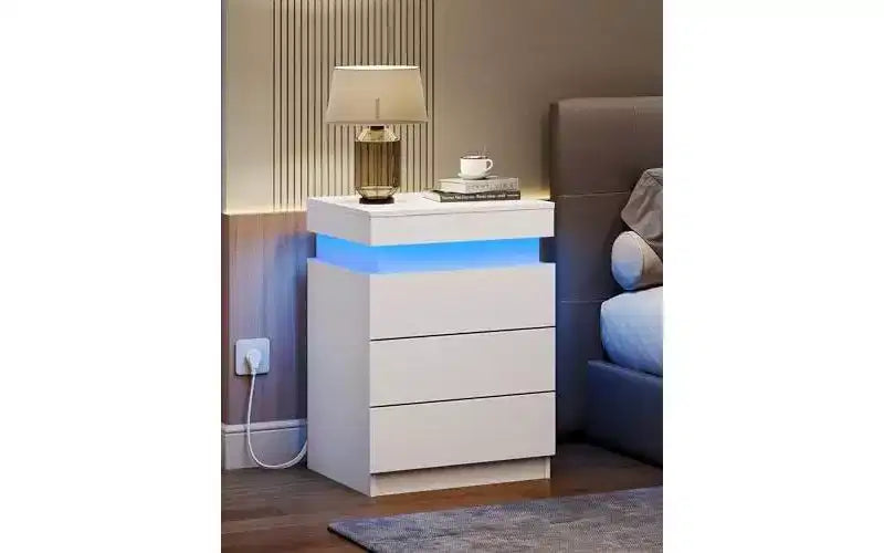 Nightstand with Charging Station & LED Lights, Night Stand with 3 Drawers and Sliding Top