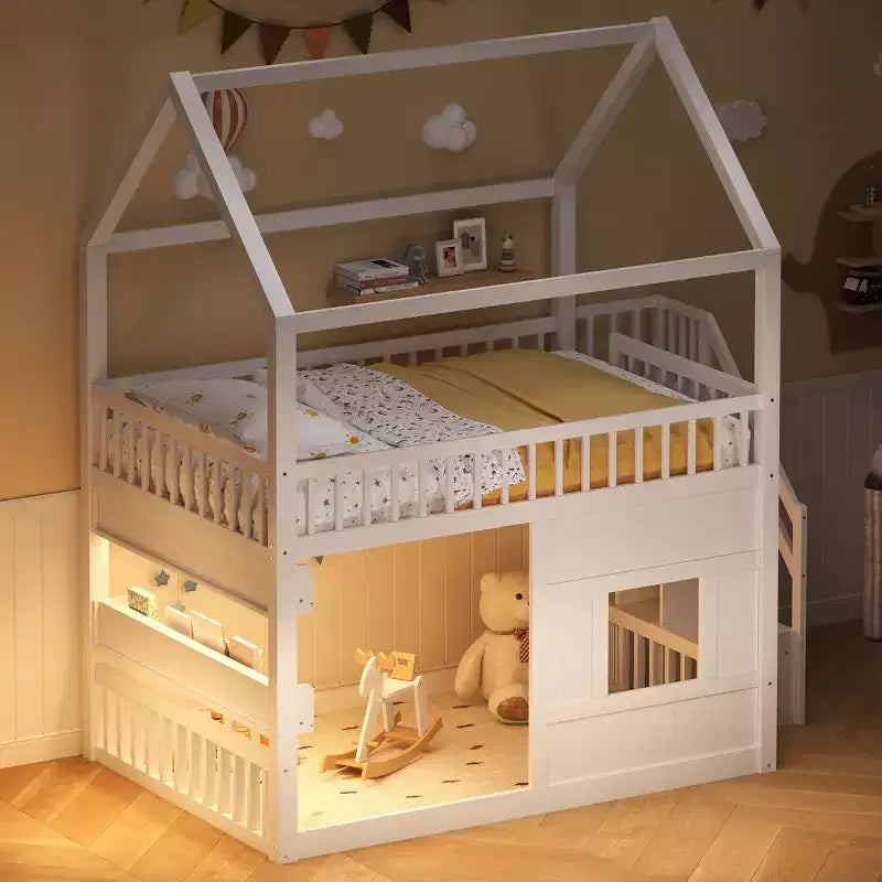 Full Size House Loft Bed with LED Light, Wooden Loft Bed with Shelves, Stairway Loft Bed with Guardrail & Ladder for Girls and Boys