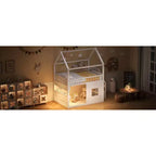 Full Size House Loft Bed with LED Light, Wooden Loft Bed with Shelves, Stairway Loft Bed with Guardrail & Ladder for Girls and Boys