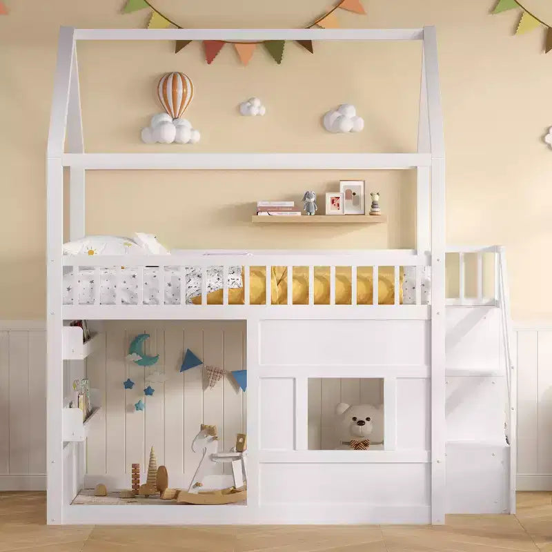 Full Size House Loft Bed with LED Light, Wooden Loft Bed with Shelves, Stairway Loft Bed with Guardrail & Ladder for Girls and Boys
