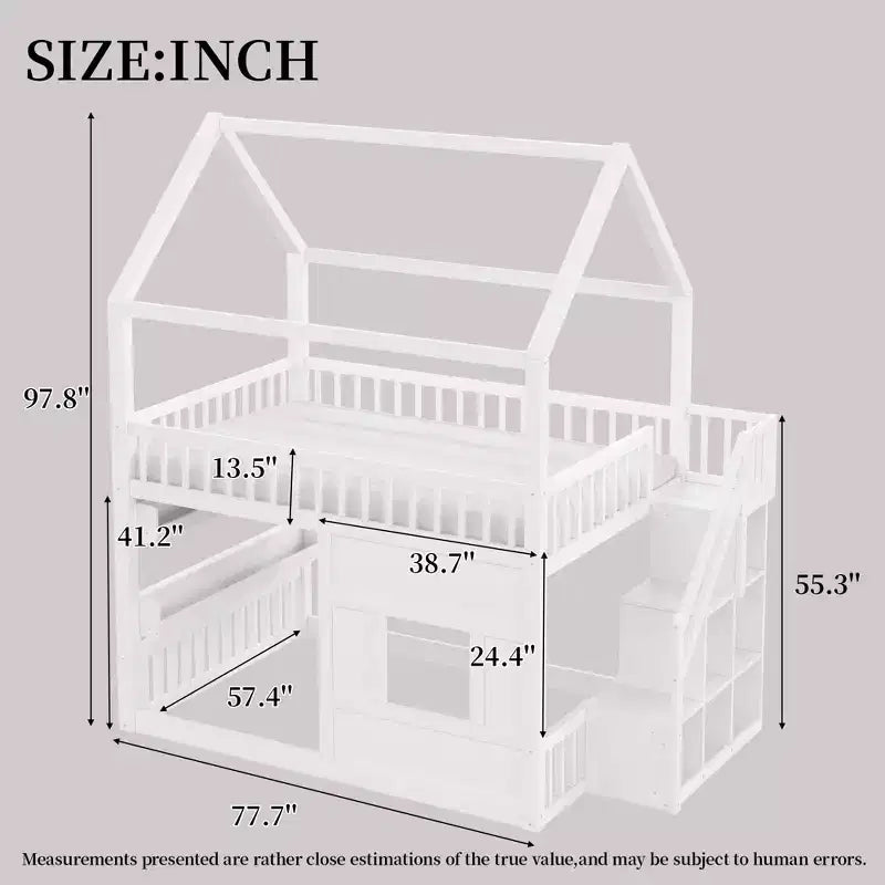 Full Size House Loft Bed with LED Light, Wooden Loft Bed with Shelves, Stairway Loft Bed with Guardrail & Ladder for Girls and Boys