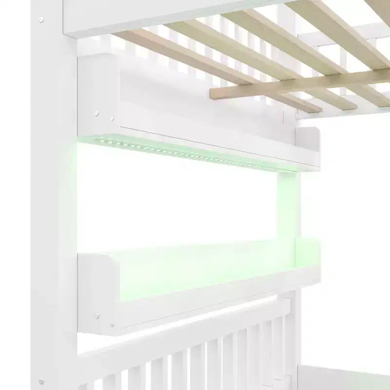 Full Size House Loft Bed with LED Light, Wooden Loft Bed with Shelves, Stairway Loft Bed with Guardrail & Ladder for Girls and Boys
