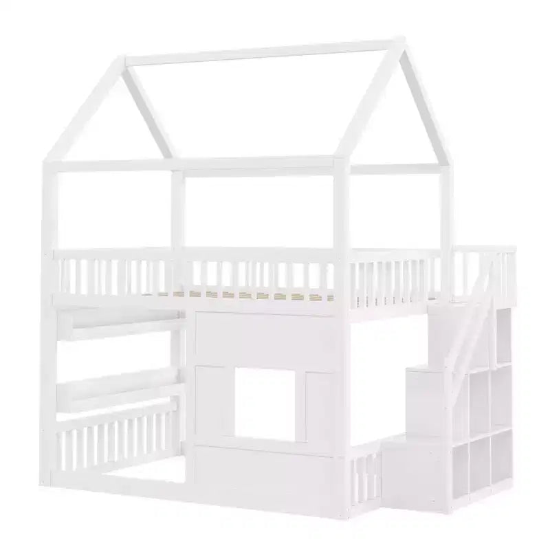 Full Size House Loft Bed with LED Light, Wooden Loft Bed with Shelves, Stairway Loft Bed with Guardrail & Ladder for Girls and Boys