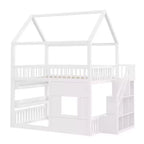 Full Size House Loft Bed with LED Light, Wooden Loft Bed with Shelves, Stairway Loft Bed with Guardrail & Ladder for Girls and Boys