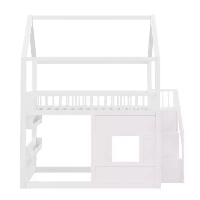 Full Size House Loft Bed with LED Light, Wooden Loft Bed with Shelves, Stairway Loft Bed with Guardrail & Ladder for Girls and Boys