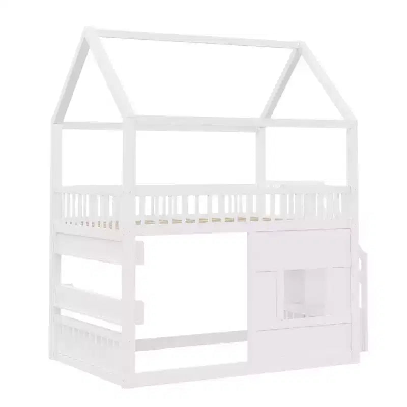 Full Size House Loft Bed with LED Light, Wooden Loft Bed with Shelves, Stairway Loft Bed with Guardrail & Ladder for Girls and Boys