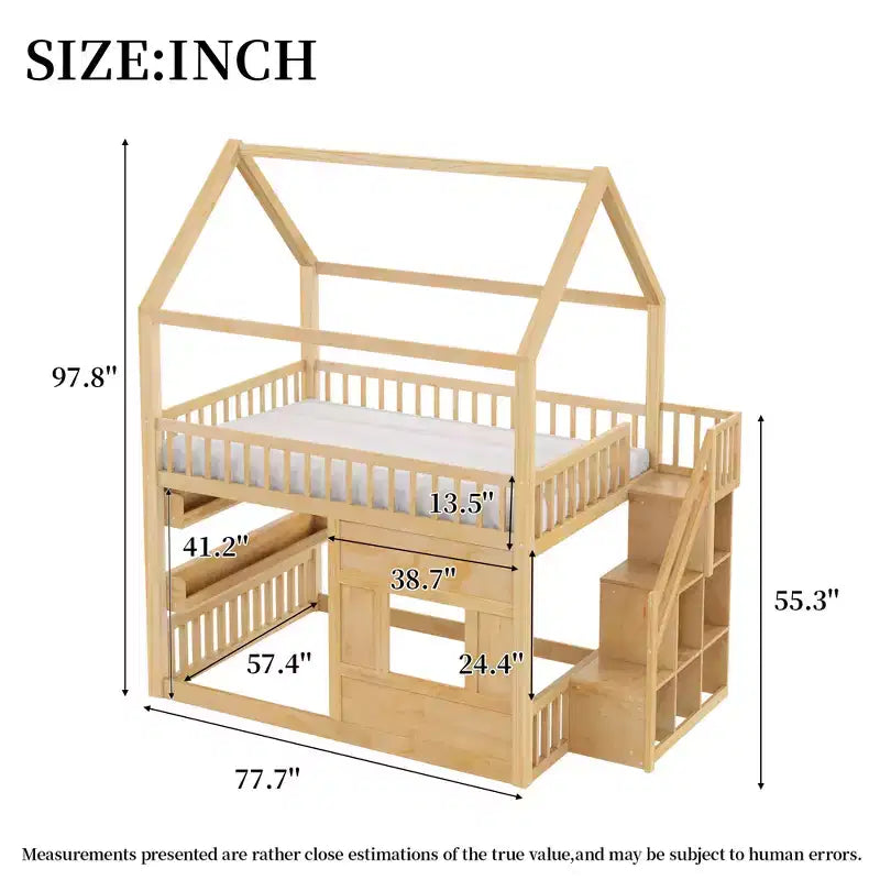 Full Size House Loft Bed with LED Light, Wooden Loft Bed with Shelves, Stairway Loft Bed with Guardrail & Ladder for Girls and Boys