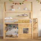 Full Size House Loft Bed with LED Light, Wooden Loft Bed with Shelves, Stairway Loft Bed with Guardrail & Ladder for Girls and Boys