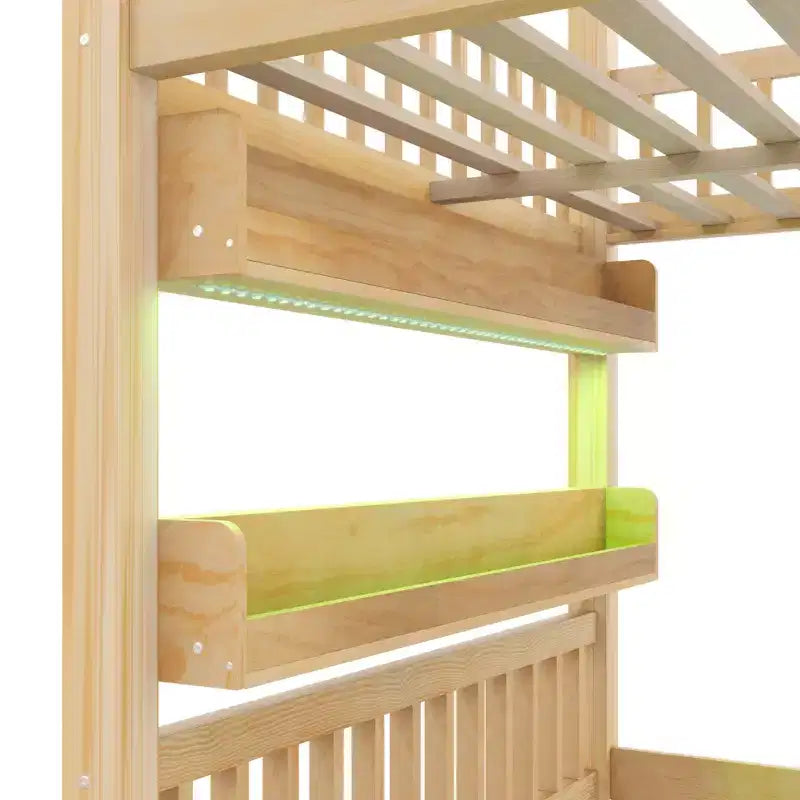 Full Size House Loft Bed with LED Light, Wooden Loft Bed with Shelves, Stairway Loft Bed with Guardrail & Ladder for Girls and Boys