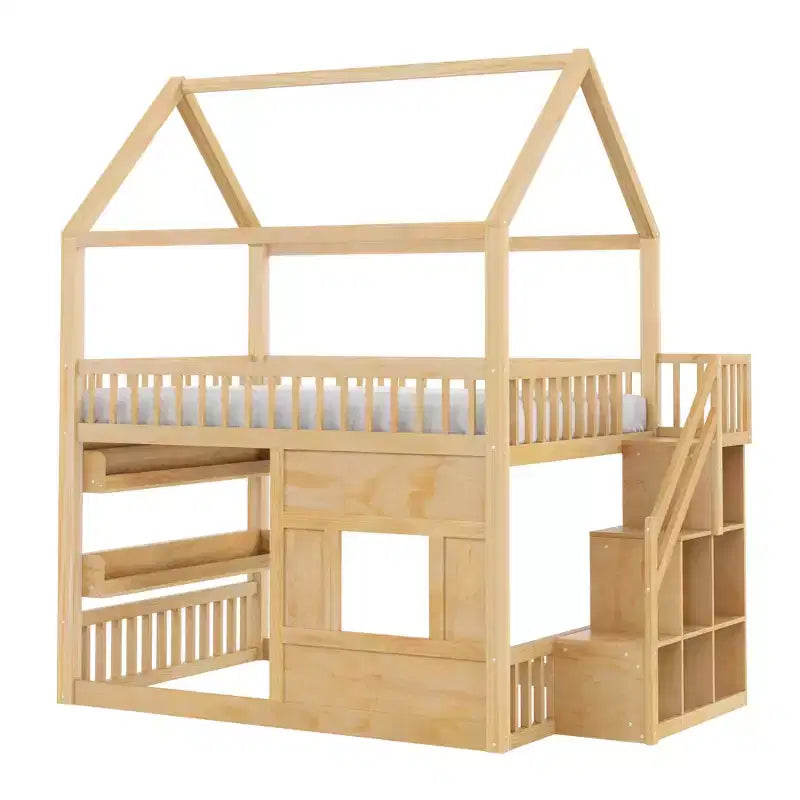 Full Size House Loft Bed with LED Light, Wooden Loft Bed with Shelves, Stairway Loft Bed with Guardrail & Ladder for Girls and Boys