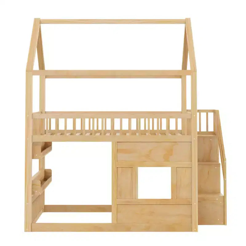 Full Size House Loft Bed with LED Light, Wooden Loft Bed with Shelves, Stairway Loft Bed with Guardrail & Ladder for Girls and Boys