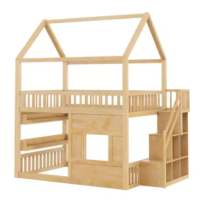 Full Size House Loft Bed with LED Light, Wooden Loft Bed with Shelves, Stairway Loft Bed with Guardrail & Ladder for Girls and Boys