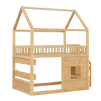Full Size House Loft Bed with LED Light, Wooden Loft Bed with Shelves, Stairway Loft Bed with Guardrail & Ladder for Girls and Boys