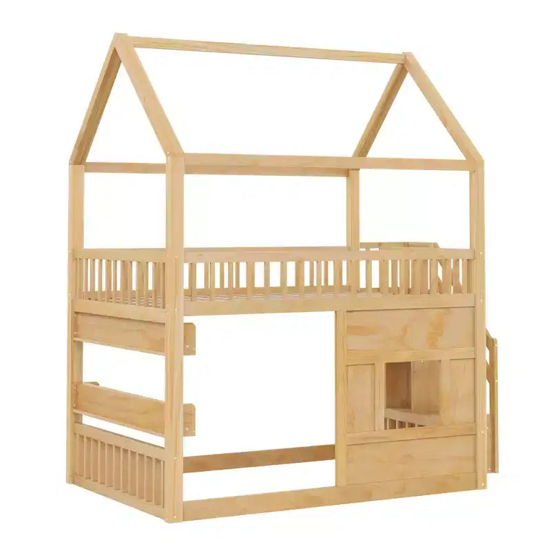 Full Size House Loft Bed with LED Light, Wooden Loft Bed with Shelves, Stairway Loft Bed with Guardrail & Ladder for Girls and Boys