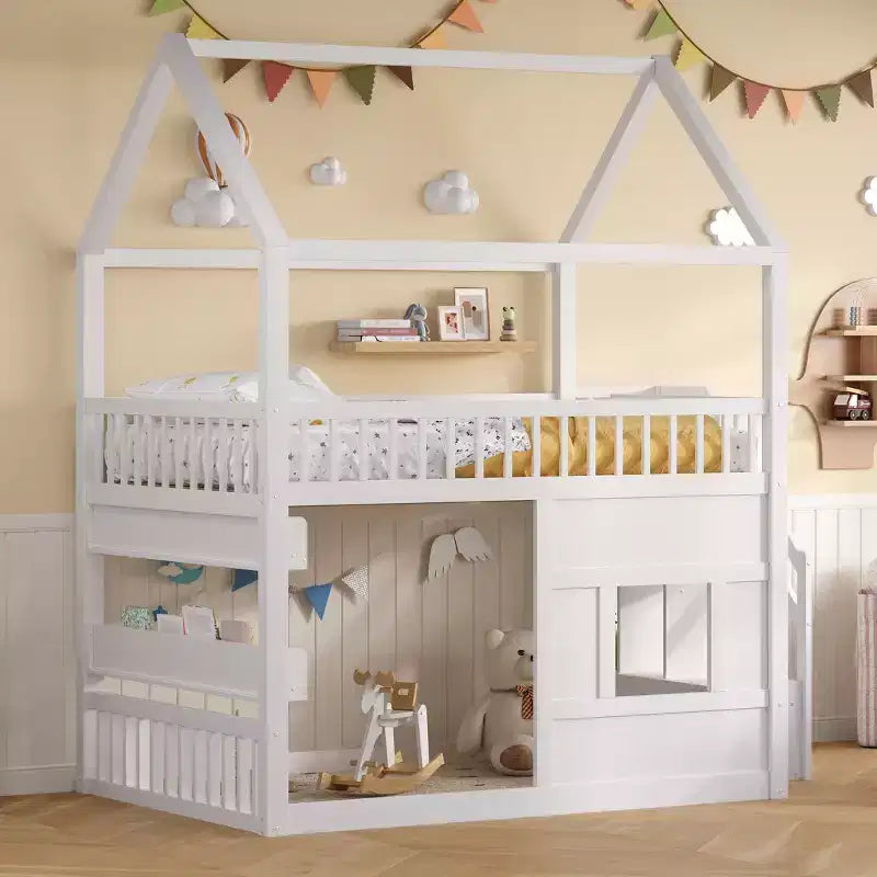 Full Size House Loft Bed with LED Light, Wooden Loft Bed with Shelves, Stairway Loft Bed with Guardrail & Ladder for Girls and Boys