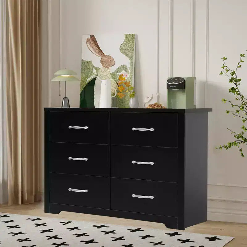 6 Drawer Dresser for Bedroom Modern Chest of Drawers with Metal Handles MDF Natural Wood
