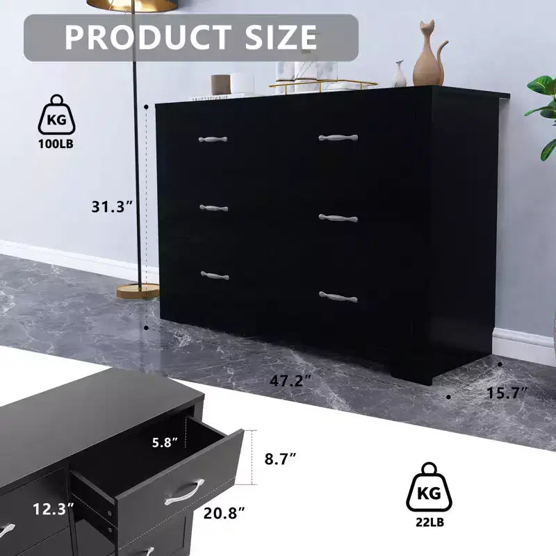 6 Drawer Dresser for Bedroom Modern Chest of Drawers with Metal Handles MDF Natural Wood