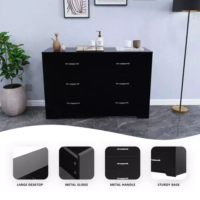 6 Drawer Dresser for Bedroom Modern Chest of Drawers with Metal Handles MDF Natural Wood